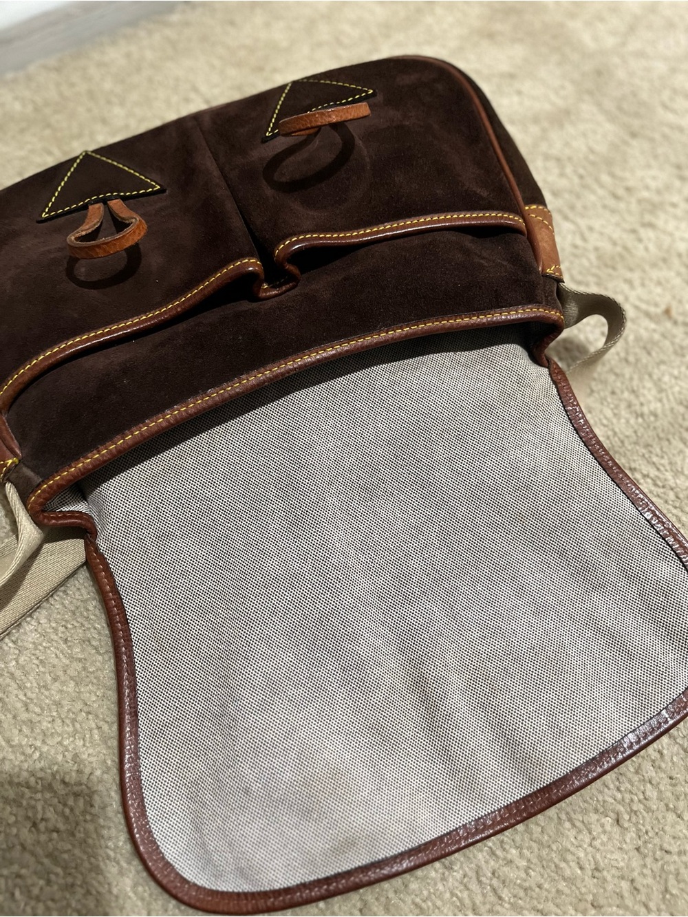 Vintage Dooney & Bourke Dark Brown Suede Crossbody with Tan Leather Accents - Picture 9 of 16